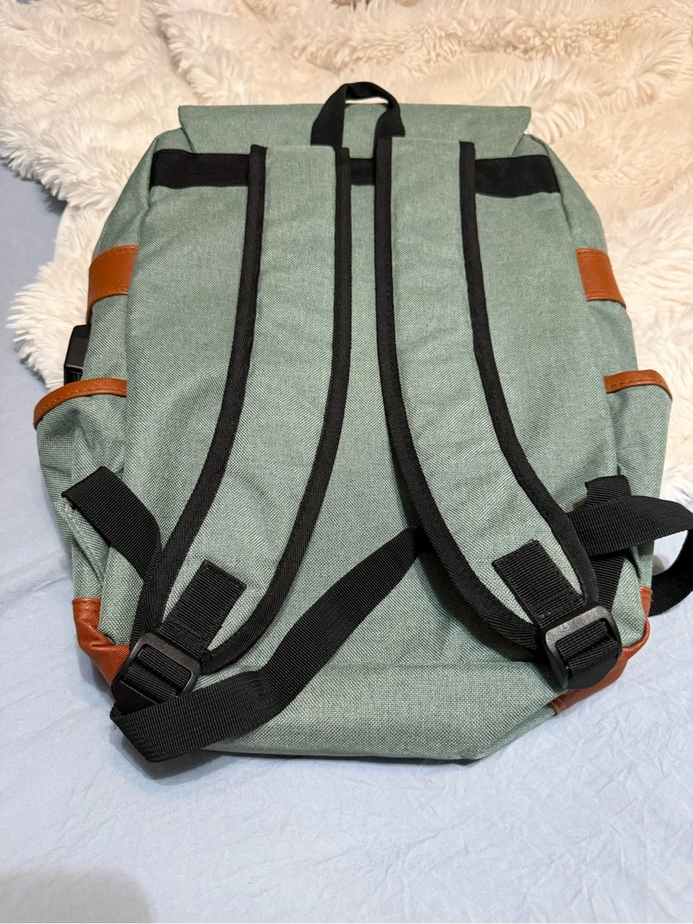 Mansion Sage Green Canvas Laptop Backpack with Brown Leather Trim